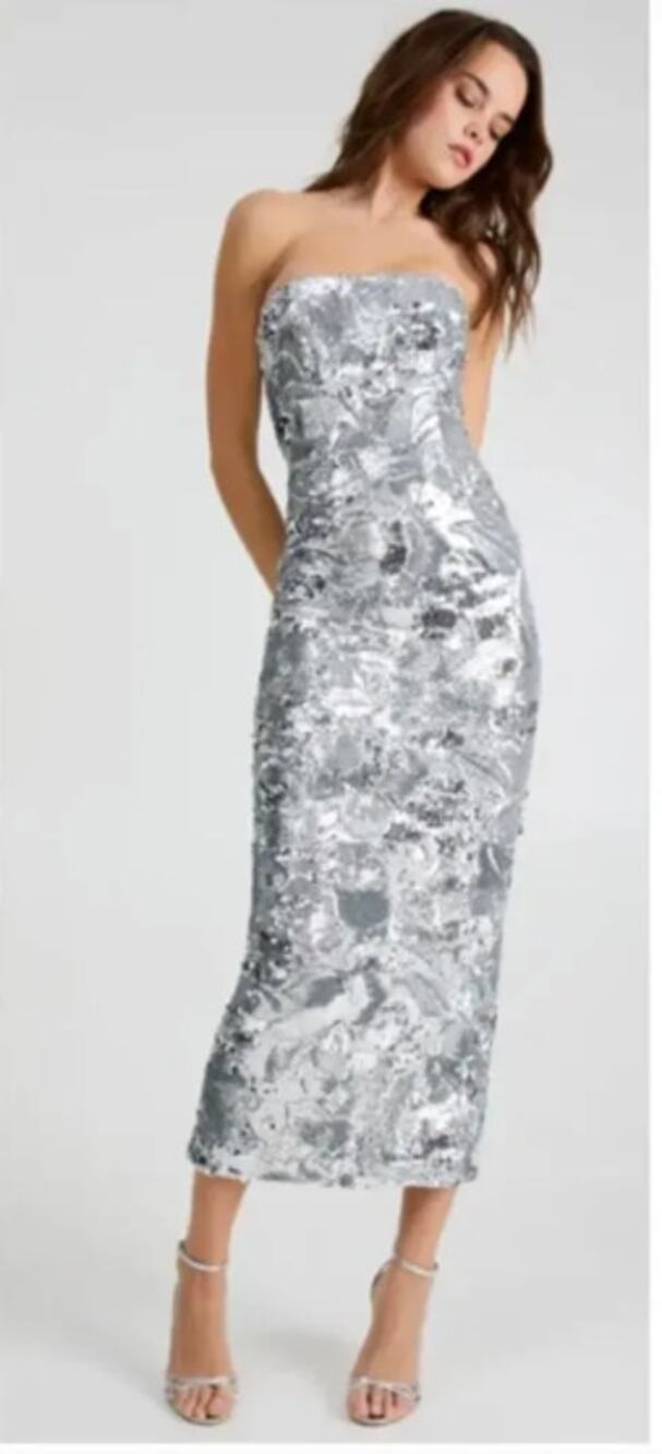 HELSI Platinum Strapless Sequin Midi Gown Dress Size XSmall NWT